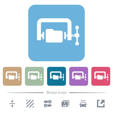 Dizin sıkıştırma katı beyaz düz simgeler renkli yuvarlak kare arkaplanlar üzerinde. 6 bonus simgesi dahil