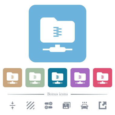 Renkli yuvarlak kare arkaplan üzerine FTP sıkıştırma beyaz düz simgeleri. 6 bonus simgesi dahil