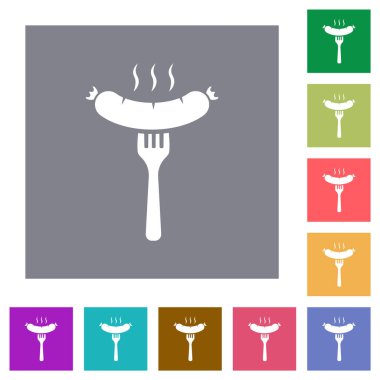 Izgara sosis ve çatal. Düz simgeler. Basit renkli kare arkaplanlar.