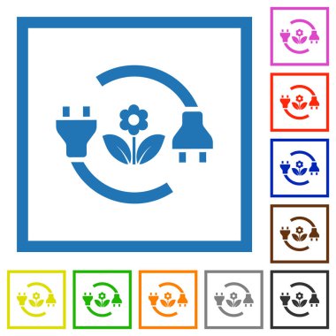 Beyaz arkaplanda kare çerçeveli yeşil enerji düz renk simgeleri