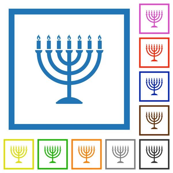 Menorah Burning Candles Solid Flat Color Icons Square Frames White —  Vetores de Stock