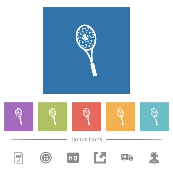 Raqueta Tenis Con Pelota Iconos Blancos Planos Fondos Cuadrados Iconos — Archivo Imágenes Vectoriales