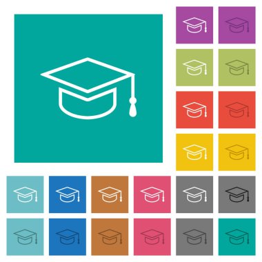 Graduation cap outline multi colored flat icons on plain square backgrounds. Included white and darker icon variations for hover or active effects.