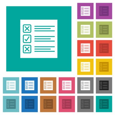 Questionnaire paper solid multi colored flat icons on plain square backgrounds. Included white and darker icon variations for hover or active effects.