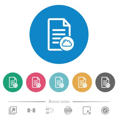 Cloud document flat white icons on round color backgrounds. 6 bonus icons included.