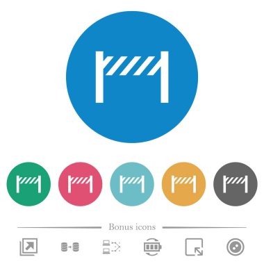 Road closure fence flat white icons on round color backgrounds. 6 bonus icons included.