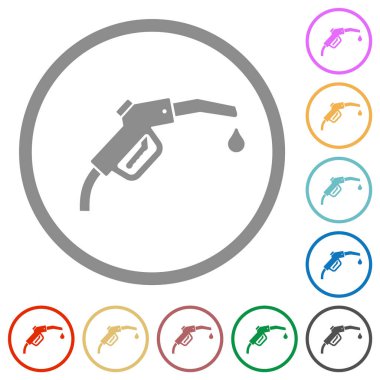 Gasoline pump fuel nozzle solid flat color icons in round outlines on white background