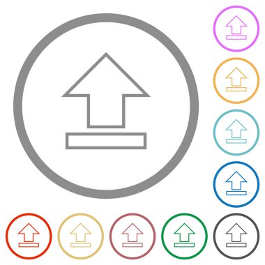 Upload outline flat color icons in round outlines on white background