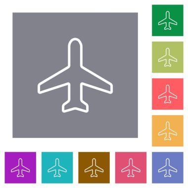 Airplane top view outline flat icons on simple color square backgrounds
