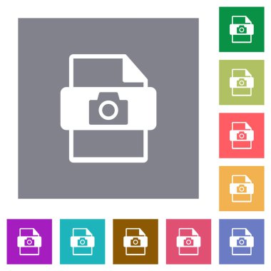 raw camera file type flat icons on simple color square backgrounds