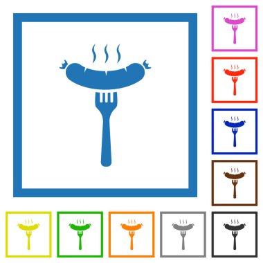Grilled sausage on fork solid flat color icons in square frames on white background