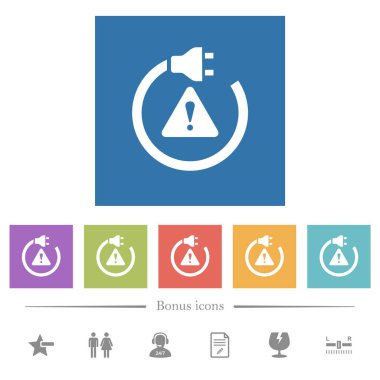 Electrical hazard solid flat white icons in square backgrounds. 6 bonus icons included.