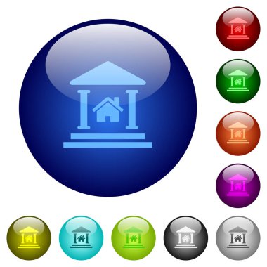 Real estate loan icons on round glass buttons in multiple colors. Arranged layer structure