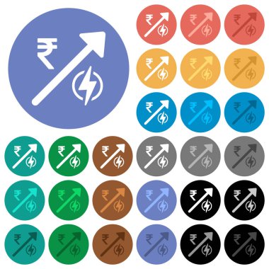 Rising electricity energy Indian Rupee prices multi colored flat icons on round backgrounds. Included white, light and dark icon variations for hover and active status effects, and bonus shades.