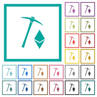 Ethereum cryptocurrency mining flat color icons with quadrant frames on white background