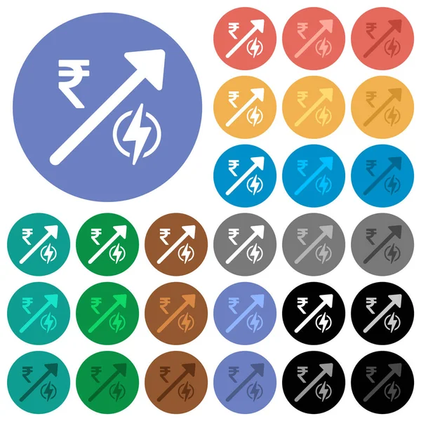 Rising electricity energy Indian Rupee prices multi colored flat icons on round backgrounds. Included white, light and dark icon variations for hover and active status effects, and bonus shades.