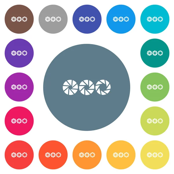 Set aperture size solid flat white icons on round color backgrounds. 17 background color variations are included.