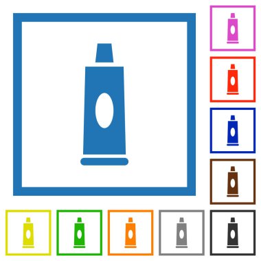 Diş macunu tüpü düz renk simgeleri beyaz arkaplanda kare çerçeveler halinde