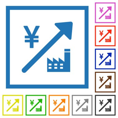 Rising power plant japanese Yen prices flat color icons in square frames on white background