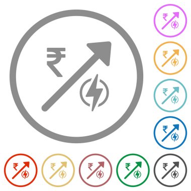 Rising electricity energy Indian Rupee prices flat color icons in round outlines on white background