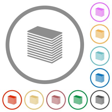 Paper stack solid flat color icons in round outlines on white background