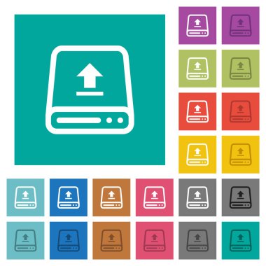 Upload from hard drive outline multi colored flat icons on plain square backgrounds. Included white and darker icon variations for hover or active effects.