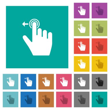 Right handed slide left gesture multi colored flat icons on plain square backgrounds. Included white and darker icon variations for hover or active effects.