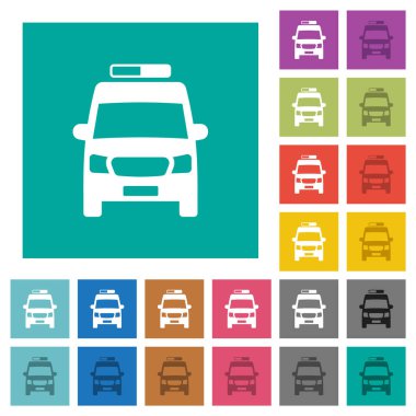 Ambulance car front view multi colored flat icons on plain square backgrounds. Included white and darker icon variations for hover or active effects.