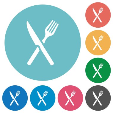 Fork and knife in crossed position flat white icons on round color backgrounds