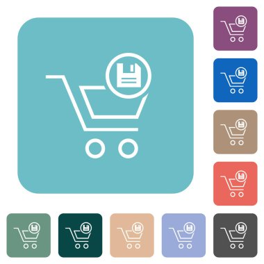 Cart save outline white flat icons on color rounded square backgrounds