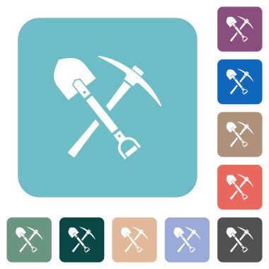 shovel and pickaxe white flat icons on color rounded square backgrounds