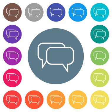 Chat bubbles outline flat white icons on round color backgrounds. 17 background color variations are included.