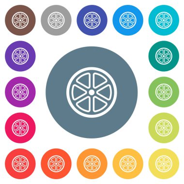 Lemon slice outline flat white icons on round color backgrounds. 17 background color variations are included.