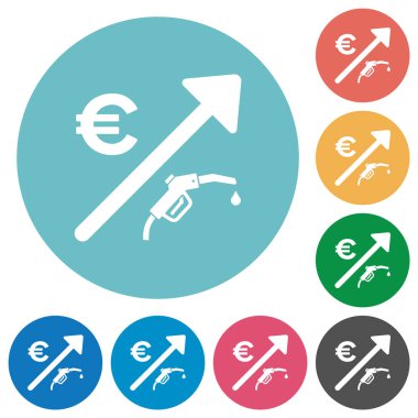 Rising fuel european Euro prices flat white icons on round color backgrounds