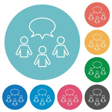 Three talking persons with oval bubble outline flat white icons on round color backgrounds