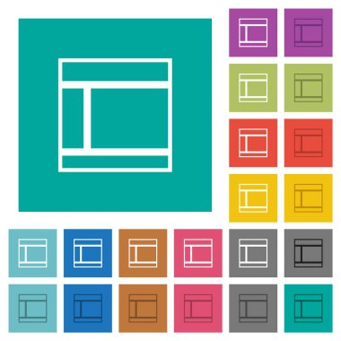 Two columned web layout outline multi colored flat icons on plain square backgrounds. Included white and darker icon variations for hover or active effects.