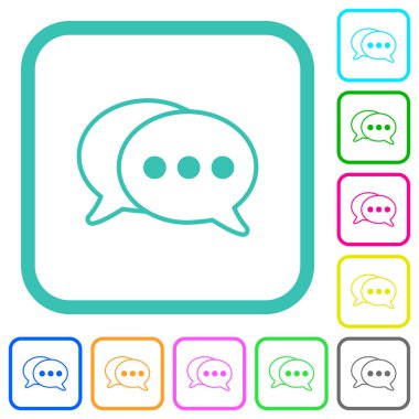 Two oval active chat bubbles outline vivid colored flat icons in curved borders on white background
