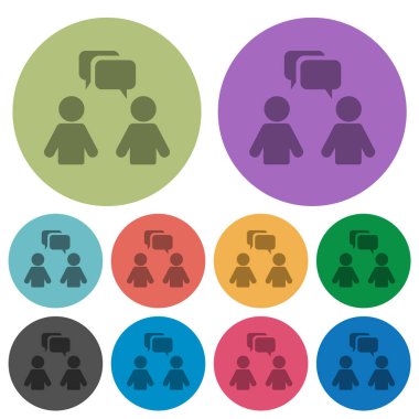 Two talking persons with rounded square bubbles solid darker flat icons on color round background