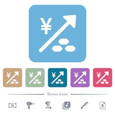Rising coal energy japanese Yen prices white flat icons on color rounded square backgrounds. 6 bonus icons included