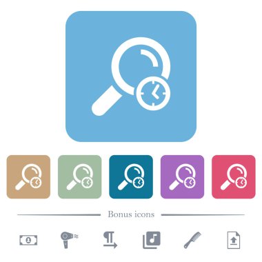 Query time white flat icons on color rounded square backgrounds. 6 bonus icons included