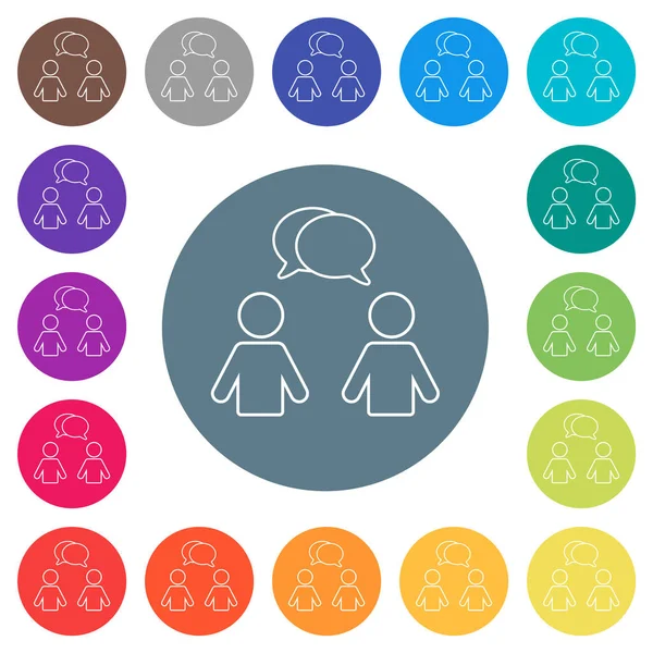 Two talking persons with oval bubbles outline flat white icons on round color backgrounds. 17 background color variations are included.