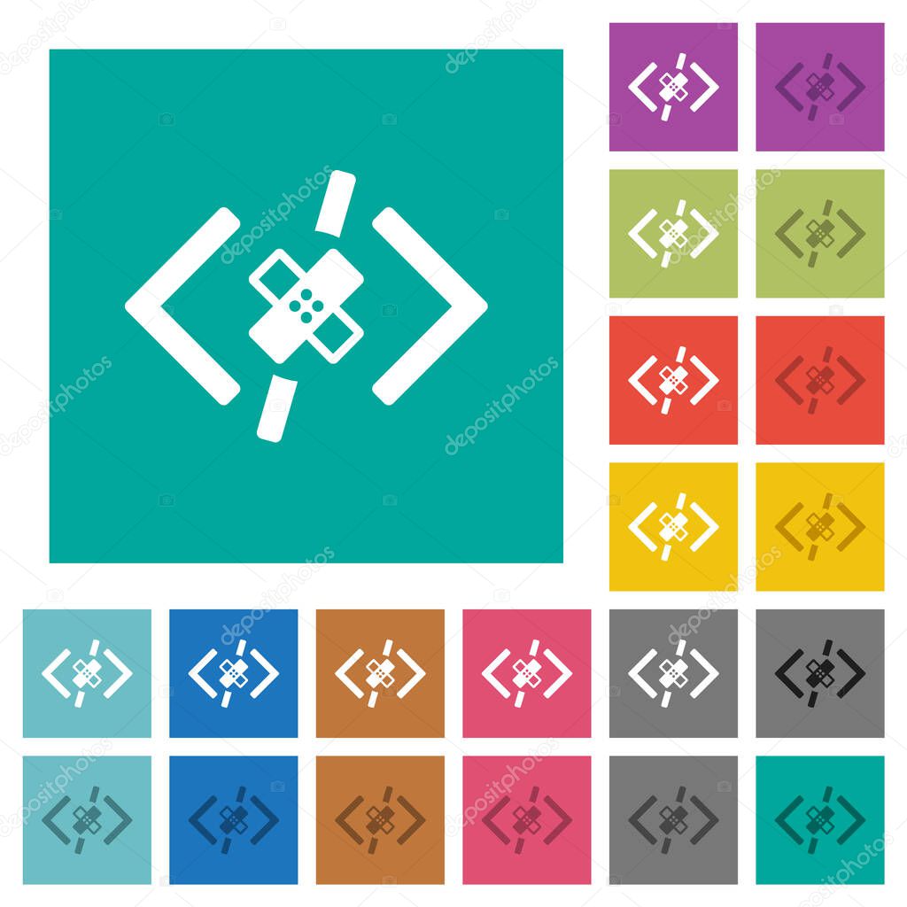 Software patch multi colored flat icons on plain square backgrounds. Included white and darker icon variations for hover or active effects.