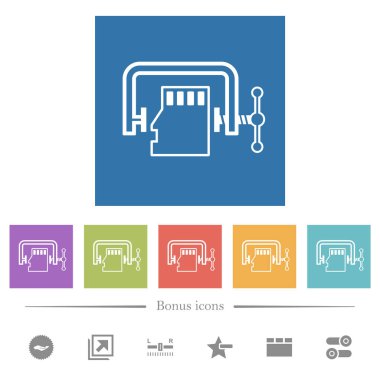 Micro sd memory card compress outline flat white icons in square backgrounds. 6 bonus icons included.