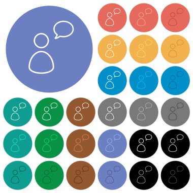 One talking person with oval bubble outline multi colored flat icons on round backgrounds. Included white, light and dark icon variations for hover and active status effects, and bonus shades.