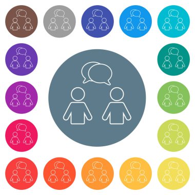 Two talking persons with oval bubbles outline flat white icons on round color backgrounds. 17 background color variations are included.