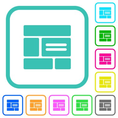 Web layout solid vivid colored flat icons in curved borders on white background