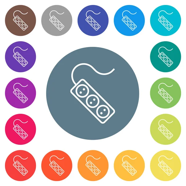 Portable electrical outlet with three sockets and cord outline flat white icons on round color backgrounds. 17 background color variations are included.