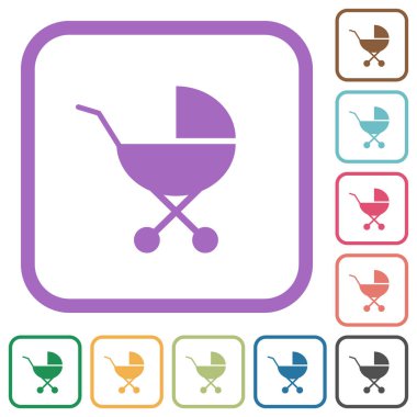 Baby carriage solid simple icons in color rounded square frames on white background