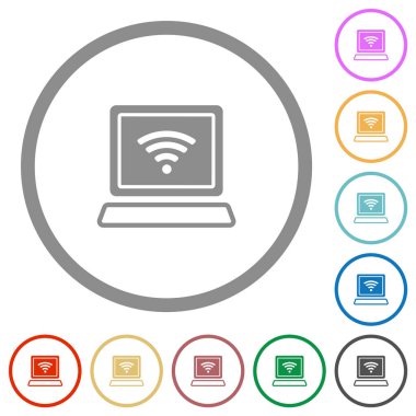 Laptop computer with wireless symbol alternate flat color icons in round outlines on white background