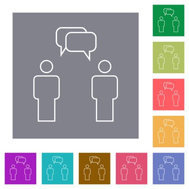 Two talking persons with rounded square bubbles outline flat icons on simple color square backgrounds